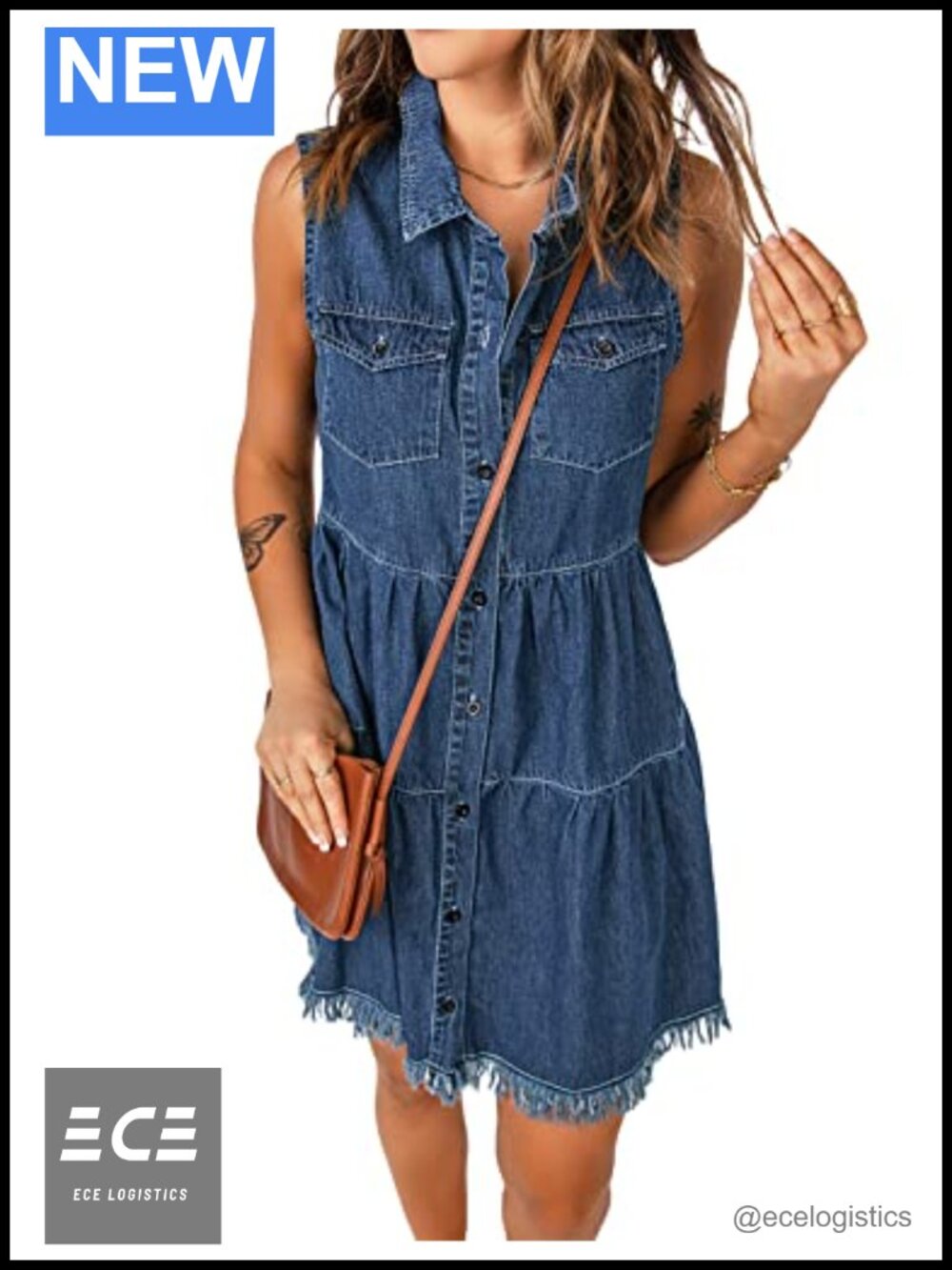 Sleeveless Button Down Denim Jean Dress Frayed Raw Hem Pleated Tiered